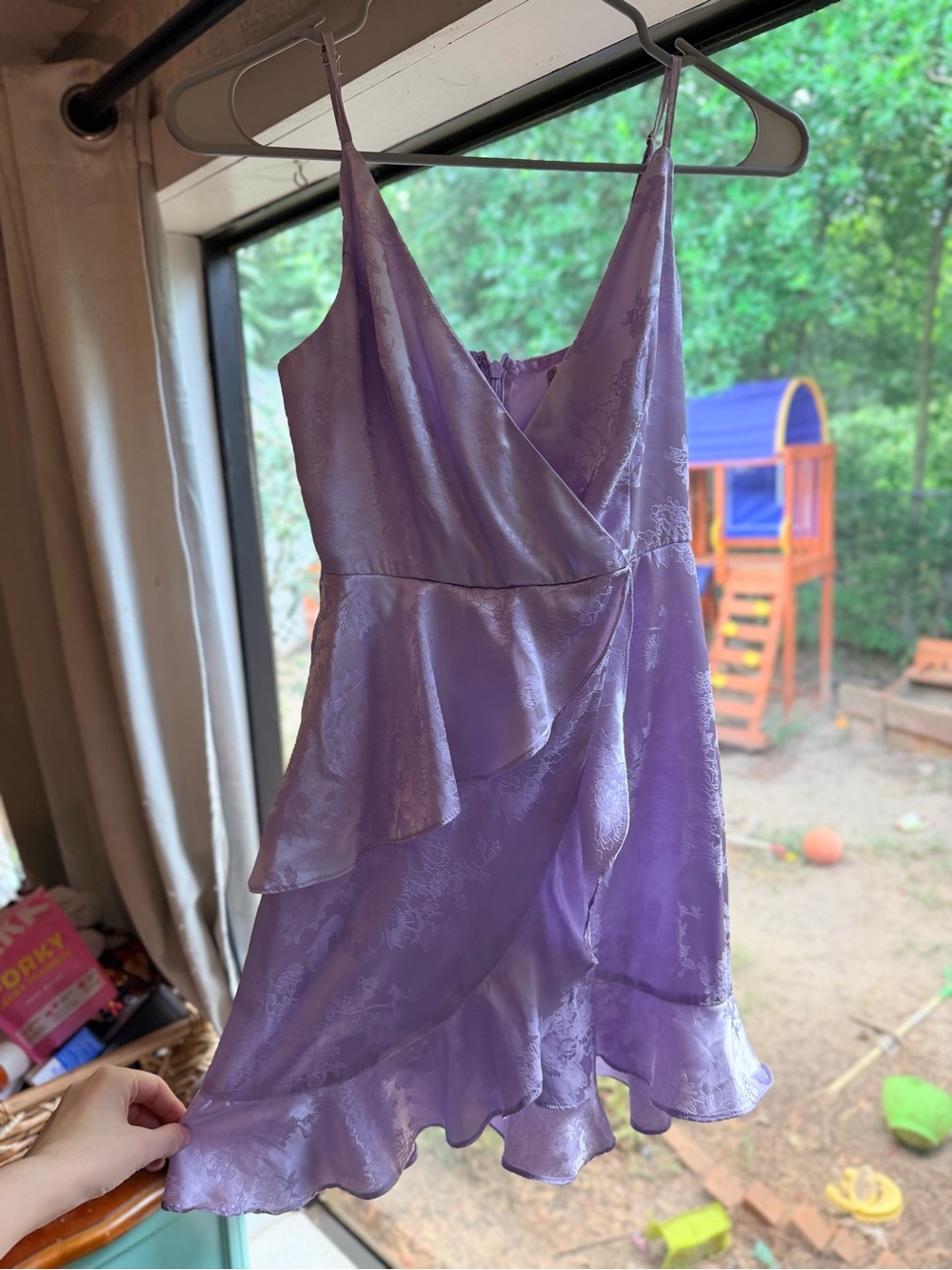 Altar'd State Lavender Satin Ruffle Mini Dress